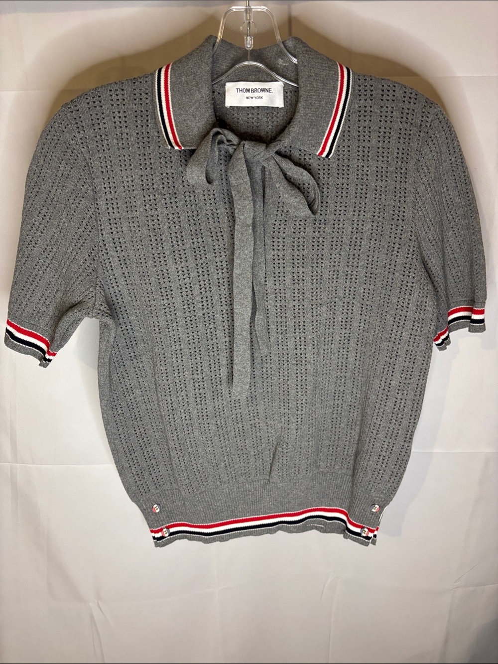 Thom Browne Grey Knit Polo with Neck Tie and Tricolor Trim